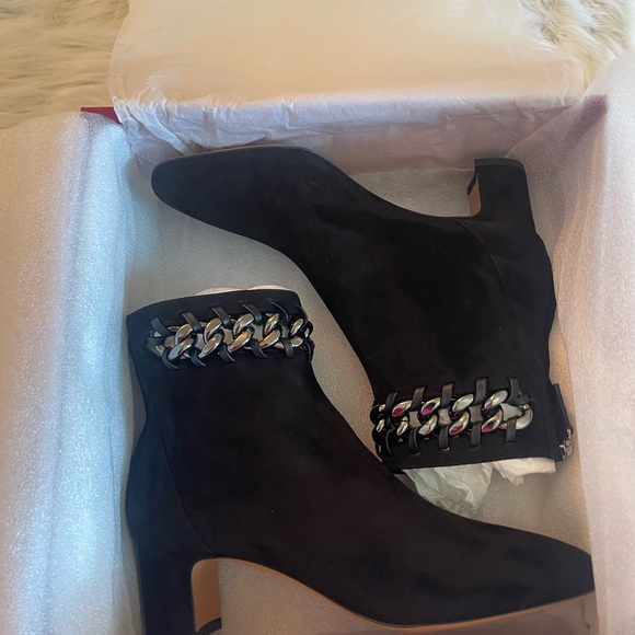 Valentino Shoes - Valentino Garavani Black Suede Ankle Boots with Silver Chain Accent